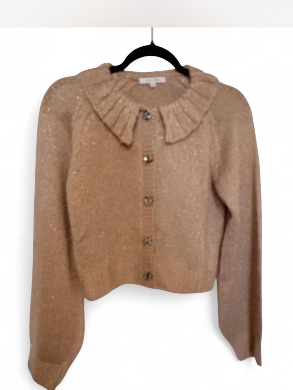 Love Tree Ruffled Collar Button-Front Sweater in Tan